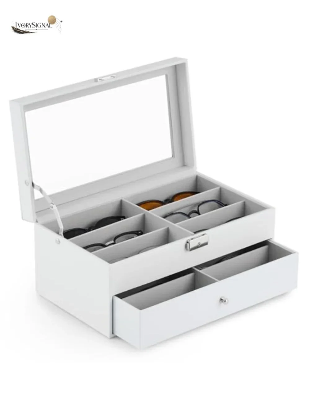 12-Slot PU Leather Sunglasses Organizer with Lockable Glass Lid and Drawer